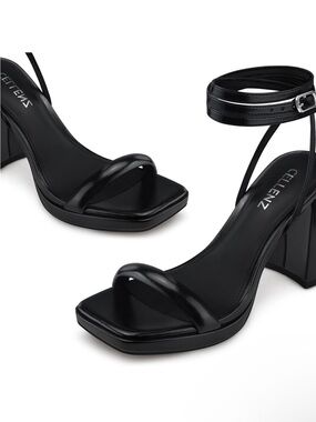 Cellenz Black Square-Toe Block Heel Sandals with Ankle Strap